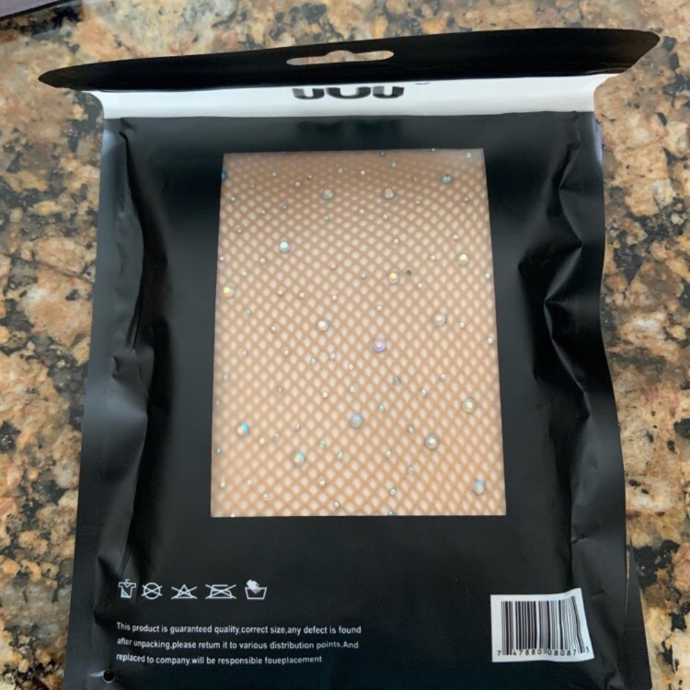 Beige Sexy Rhinestone Fishnet Tights - Picture 4 of 4